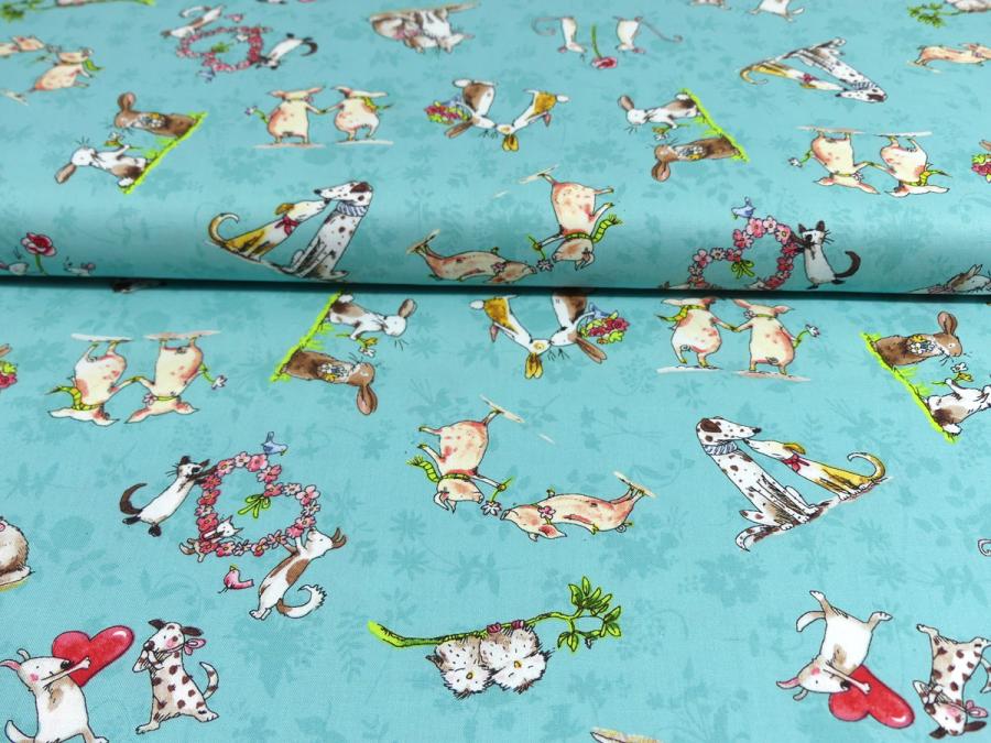 Preview: Patchworkstoff in türkis mit Mäusen, Katzen, Hunden und mehr von Clothworks
